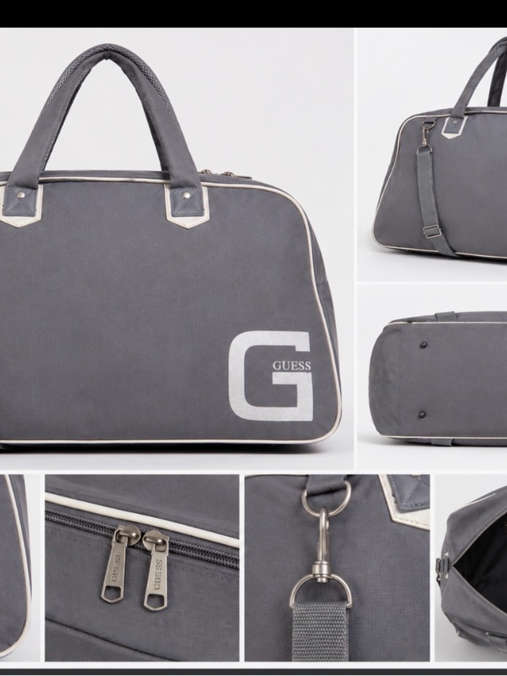 GUESS Vintage Gray Duffel Bag Large Travel Weekender Carry On Shoulder Strap